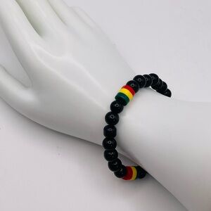 Black Onyx and Rasta Bead Stretch Bracelet Unisex Ethiopian Unity